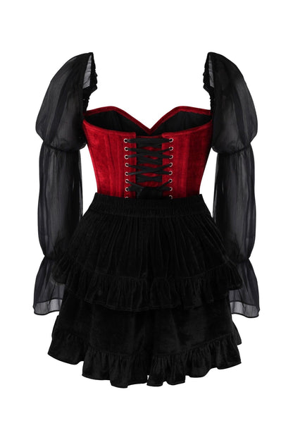 Top Drawer 2 PC Dark Red Velvet Steel Boned Corset w/Sleeves & Skirt Set.