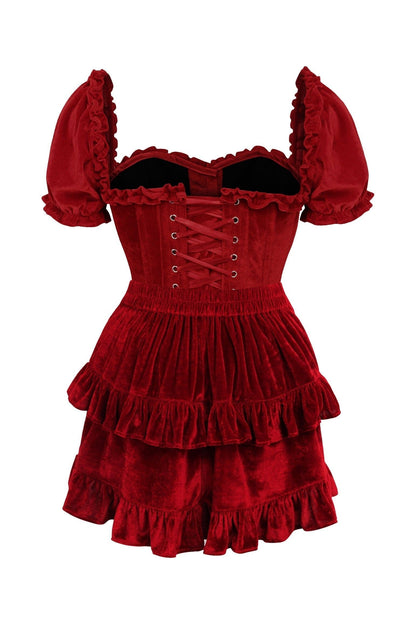 Top Drawer 2 PC Dark Red Velvet Steel Boned Corset w/sleeves & Skirt Set.