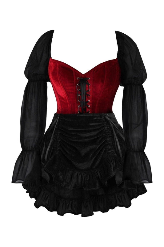 Top Drawer 2 PC Dark Red Velvet Steel Boned Corset w/Sleeves & Skirt Set.