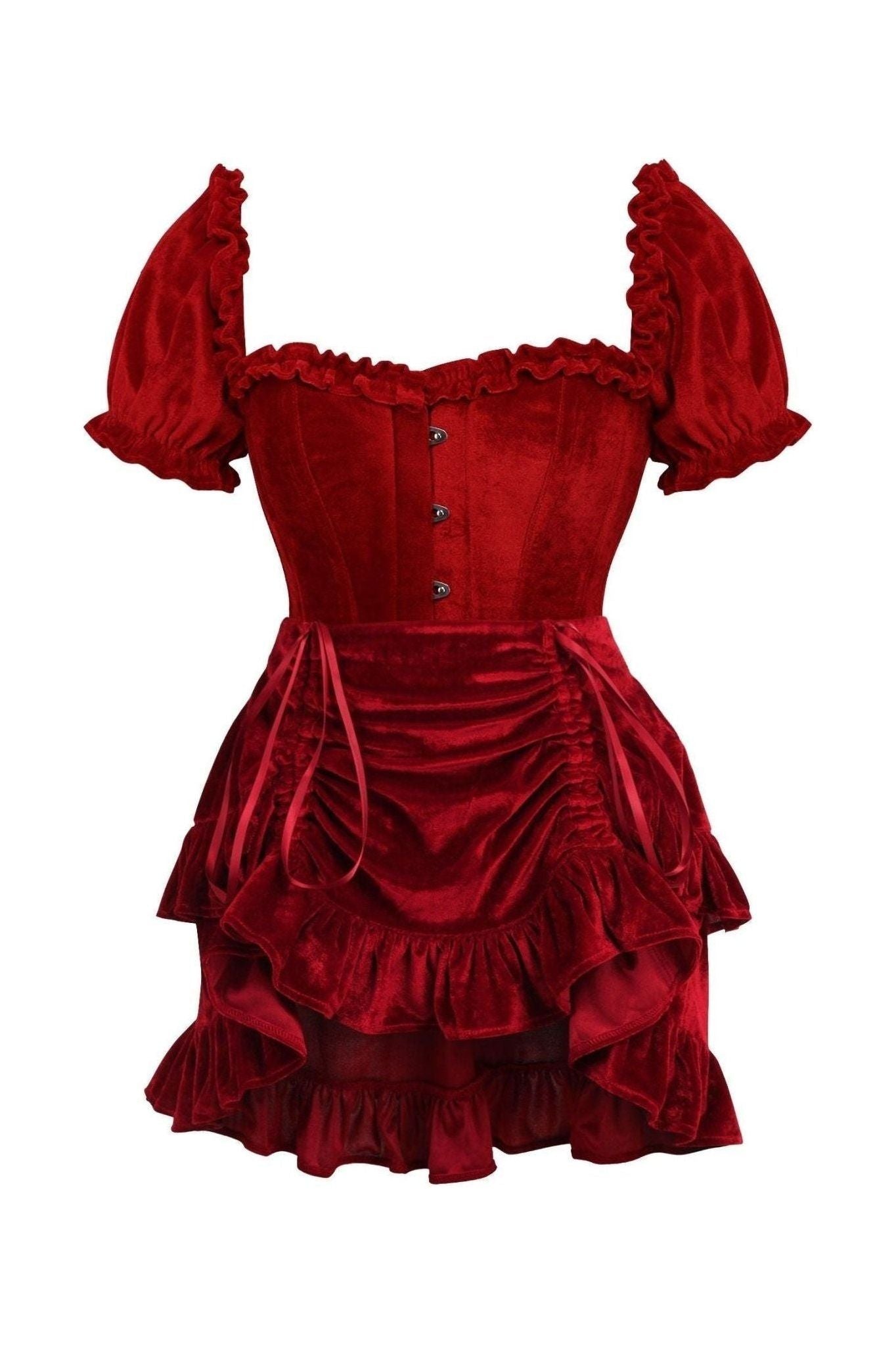 Top Drawer 2 PC Dark Red Velvet Steel Boned Corset w/sleeves & Skirt Set.