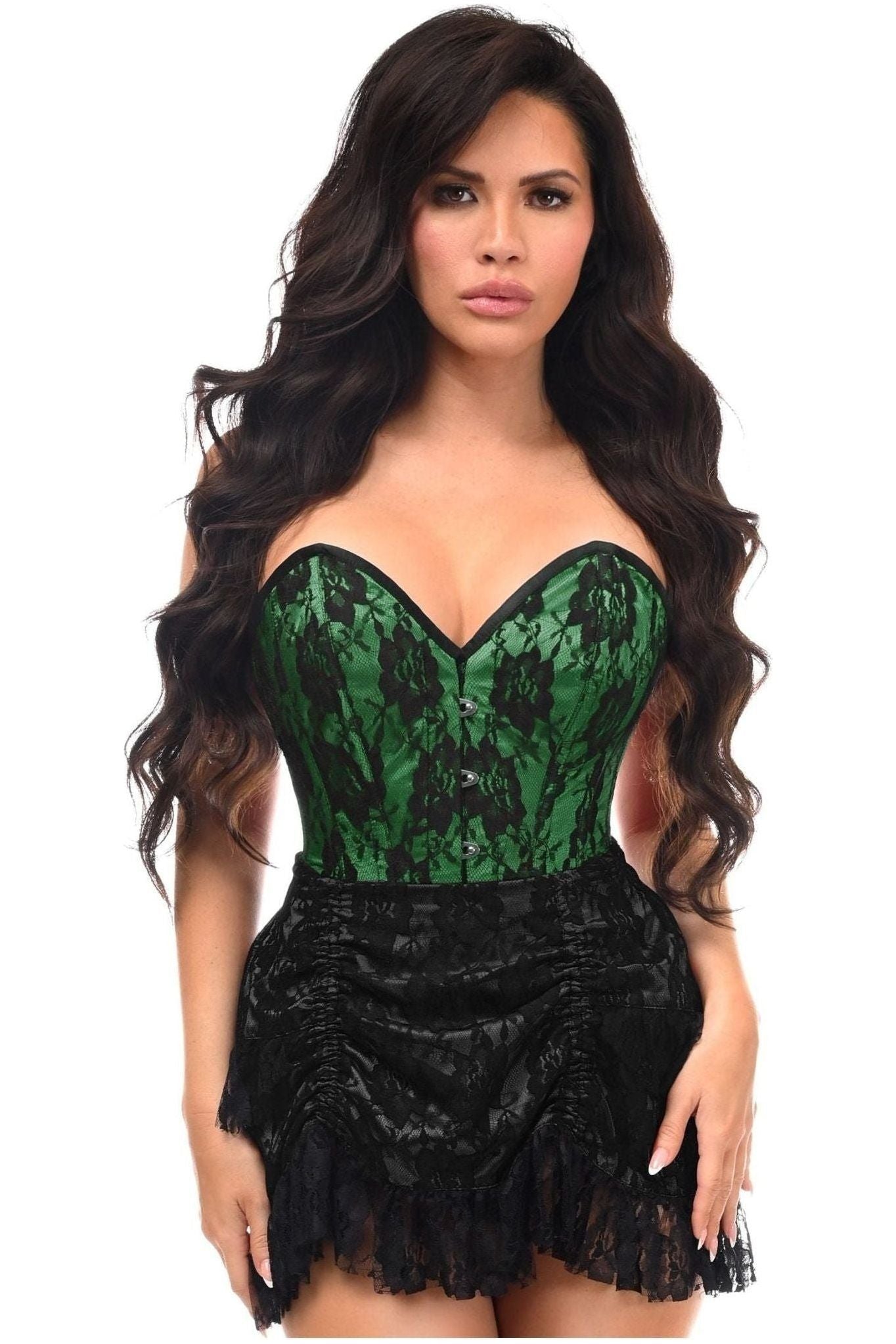 Top Drawer 2 PC Green Lace Steel Boned Corset & Skirt Set.