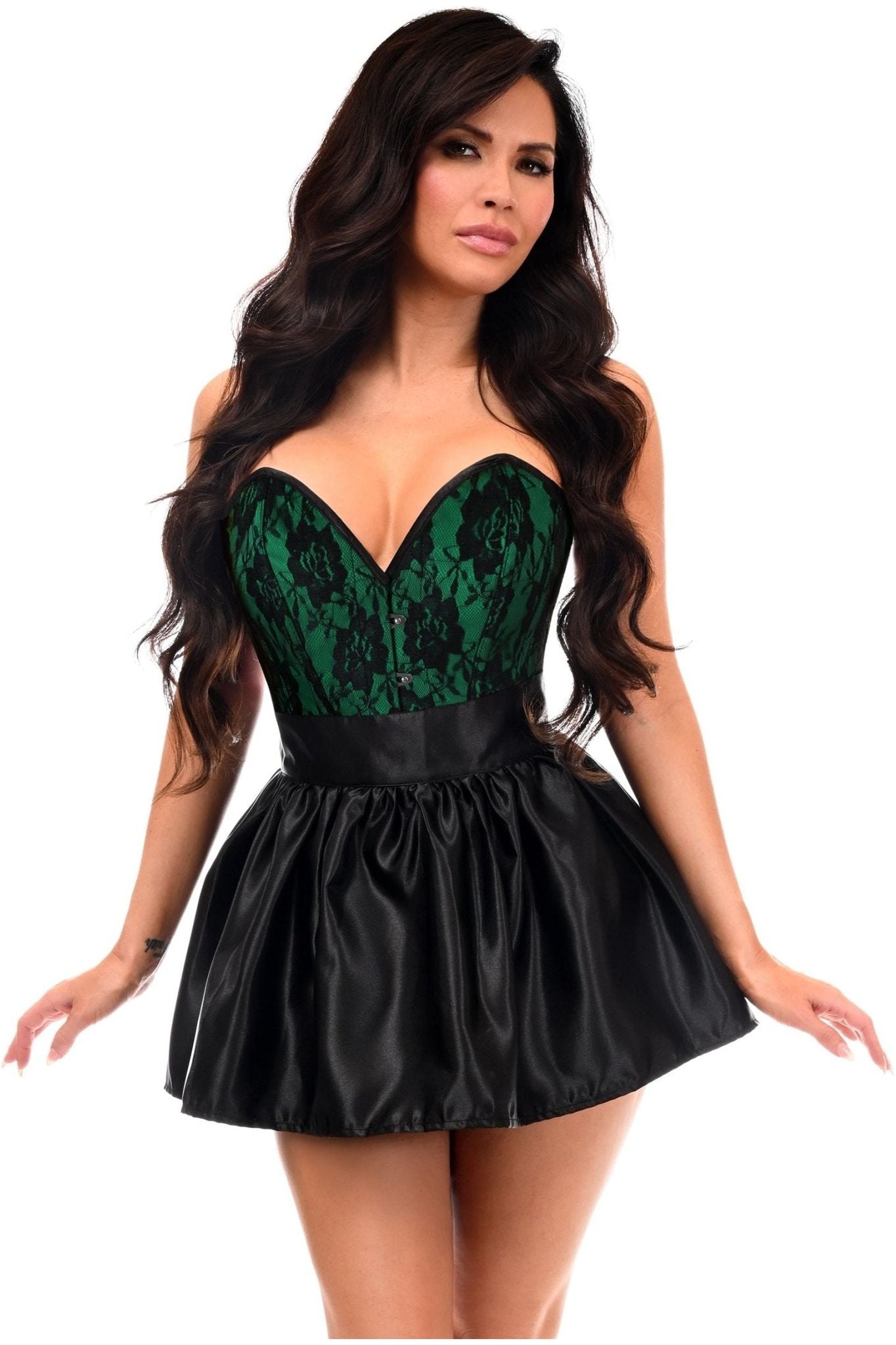 Top Drawer 2 PC Green/Black Lace Steel Boned Corset & Satin Skirt Set.