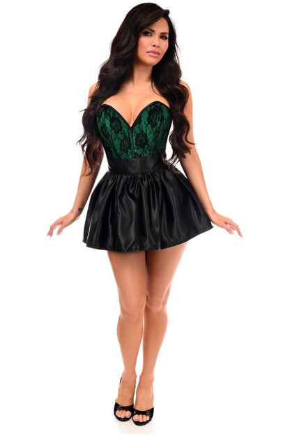 Top Drawer 2 PC Green/Black Lace Steel Boned Corset & Satin Skirt Set.
