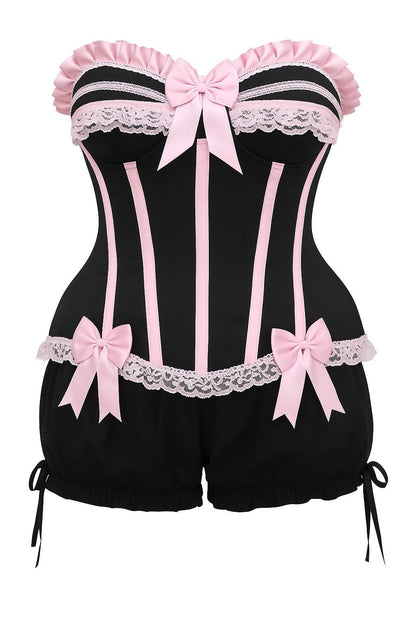 Top Drawer 2 PC Pink/Black Burlesque Steel Boned Corset & Bloomer Set