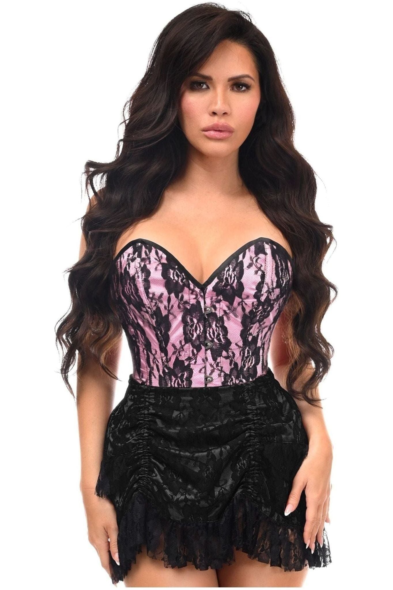 Top Drawer 2 PC Pink/Black Lace Steel Boned Corset & Skirt Set.