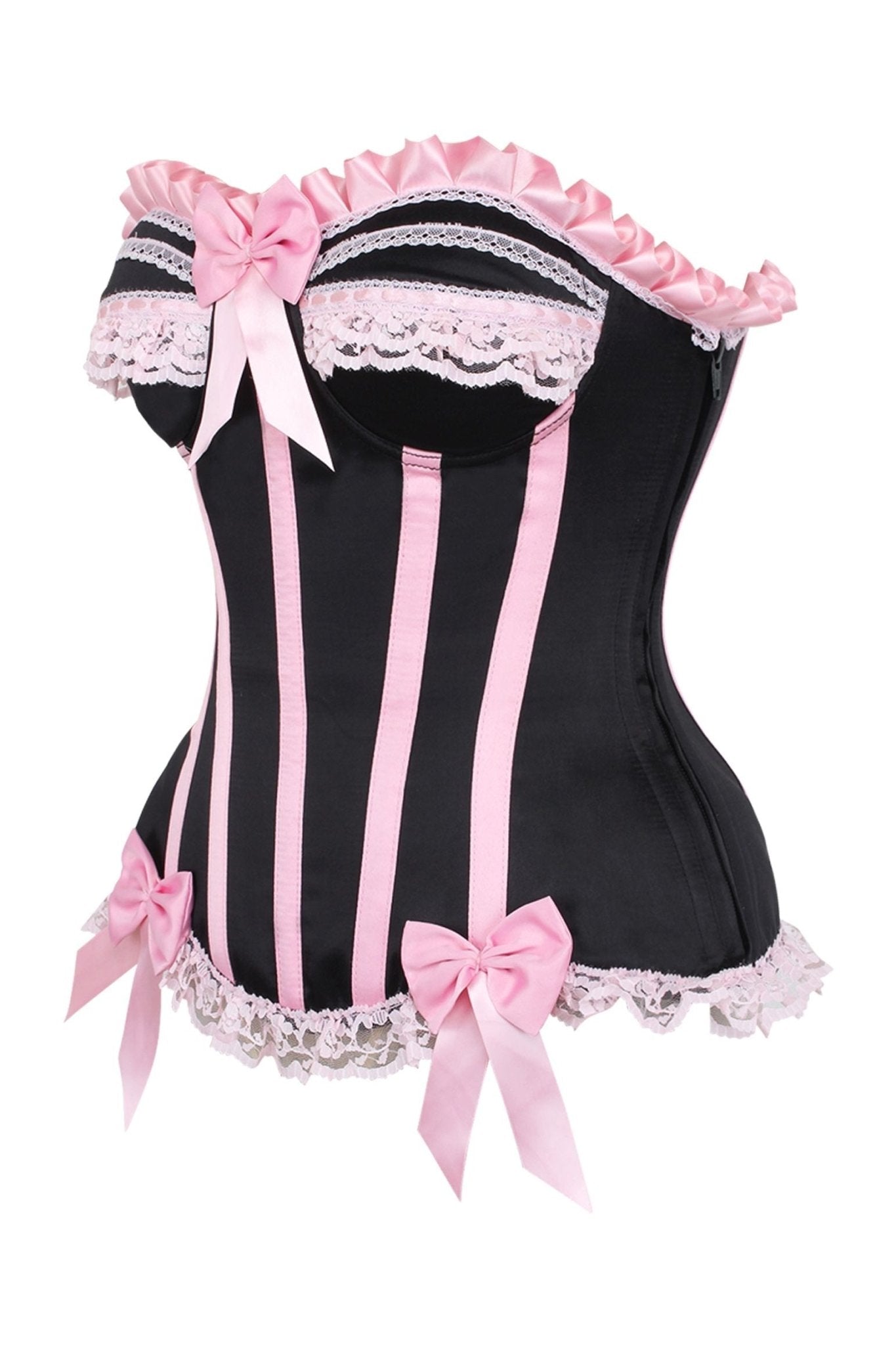 Top Drawer 2 PC Pink/Black Striped Burlesque Steel Boned Corset & Bloomer Set