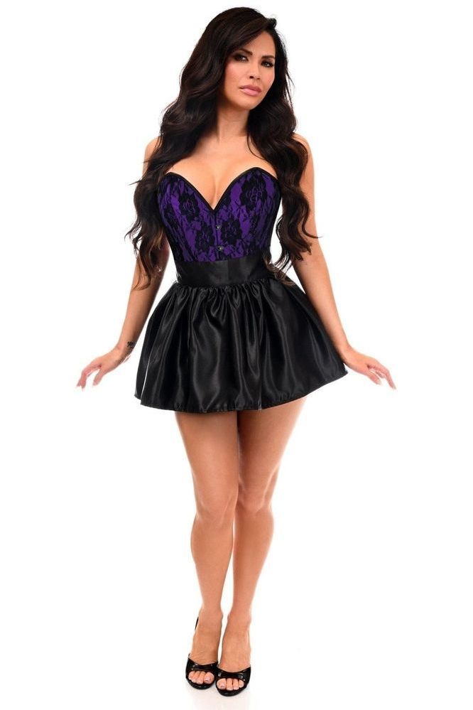 Top Drawer 2 PC Purple/Black Lace Steel Boned Corset & Satin Skirt Set