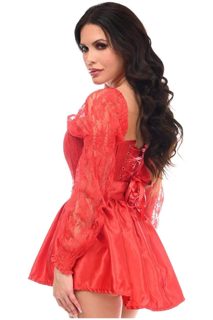 Top Drawer 2 PC Red Lace Steel Boned Corset & Satin Skirt Set.