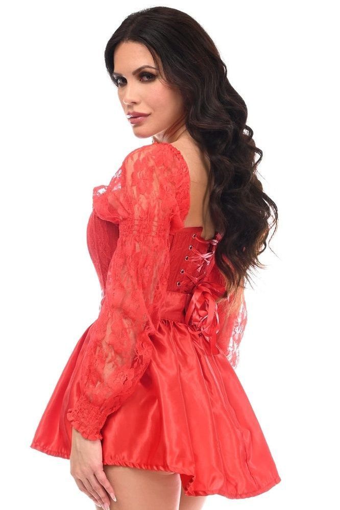 Top Drawer 2 PC Red Lace Steel Boned Corset & Satin Skirt Set