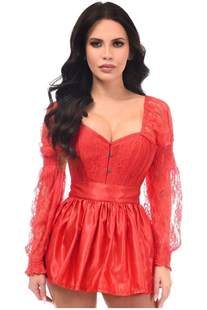 Top Drawer 2 PC Red Lace Steel Boned Corset & Satin Skirt Set.