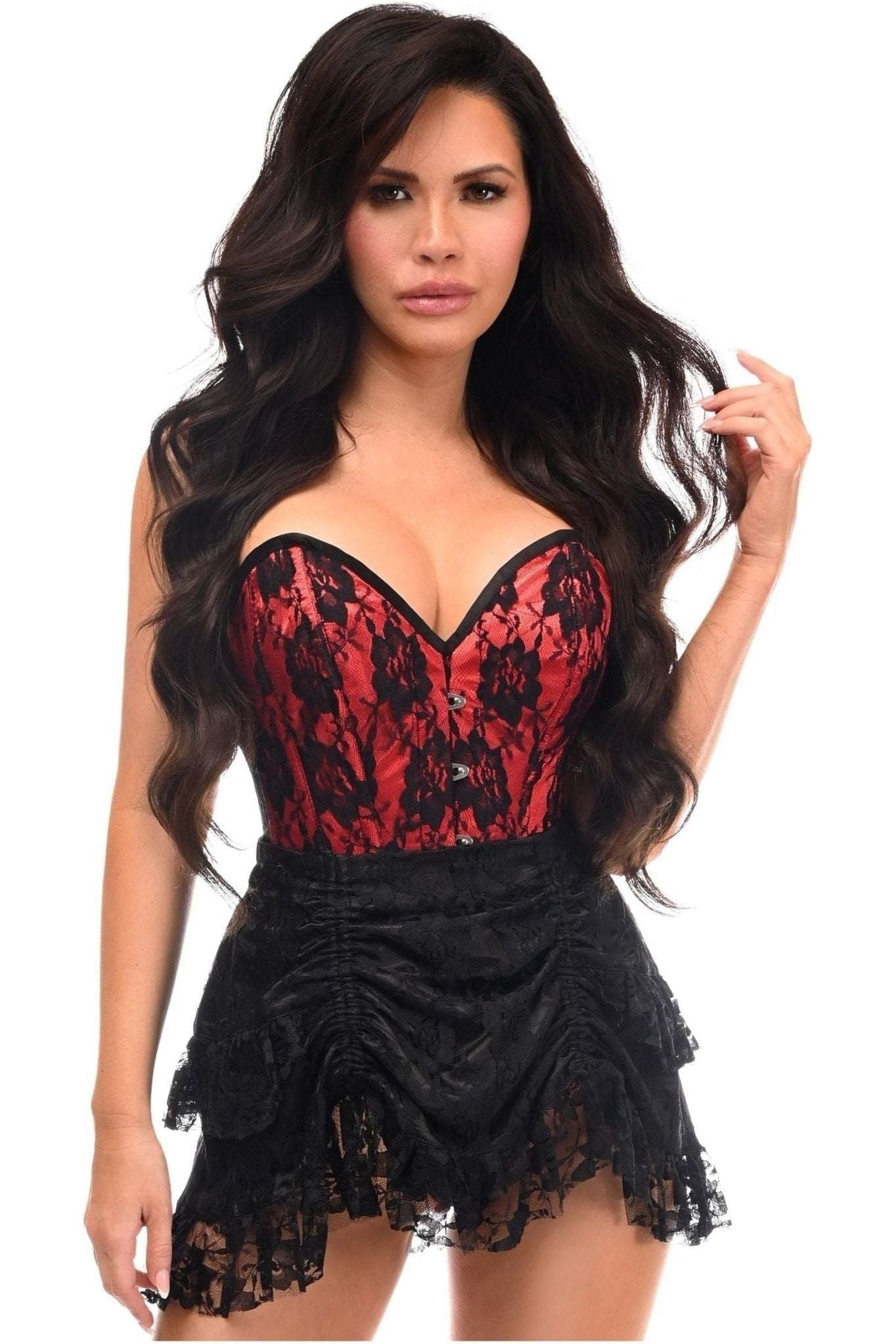 Top Drawer 2 PC Red Lace Steel Boned Corset & Skirt Set.