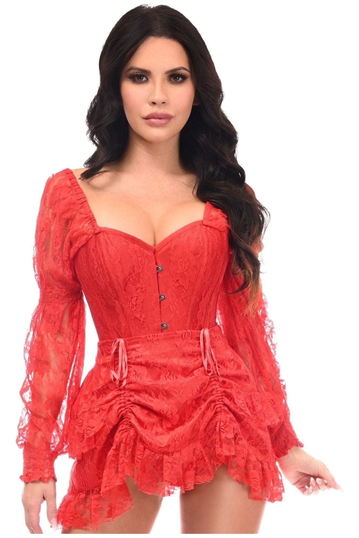 Top Drawer 2 PC Red Lace Steel Boned Corset & Skirt Set.
