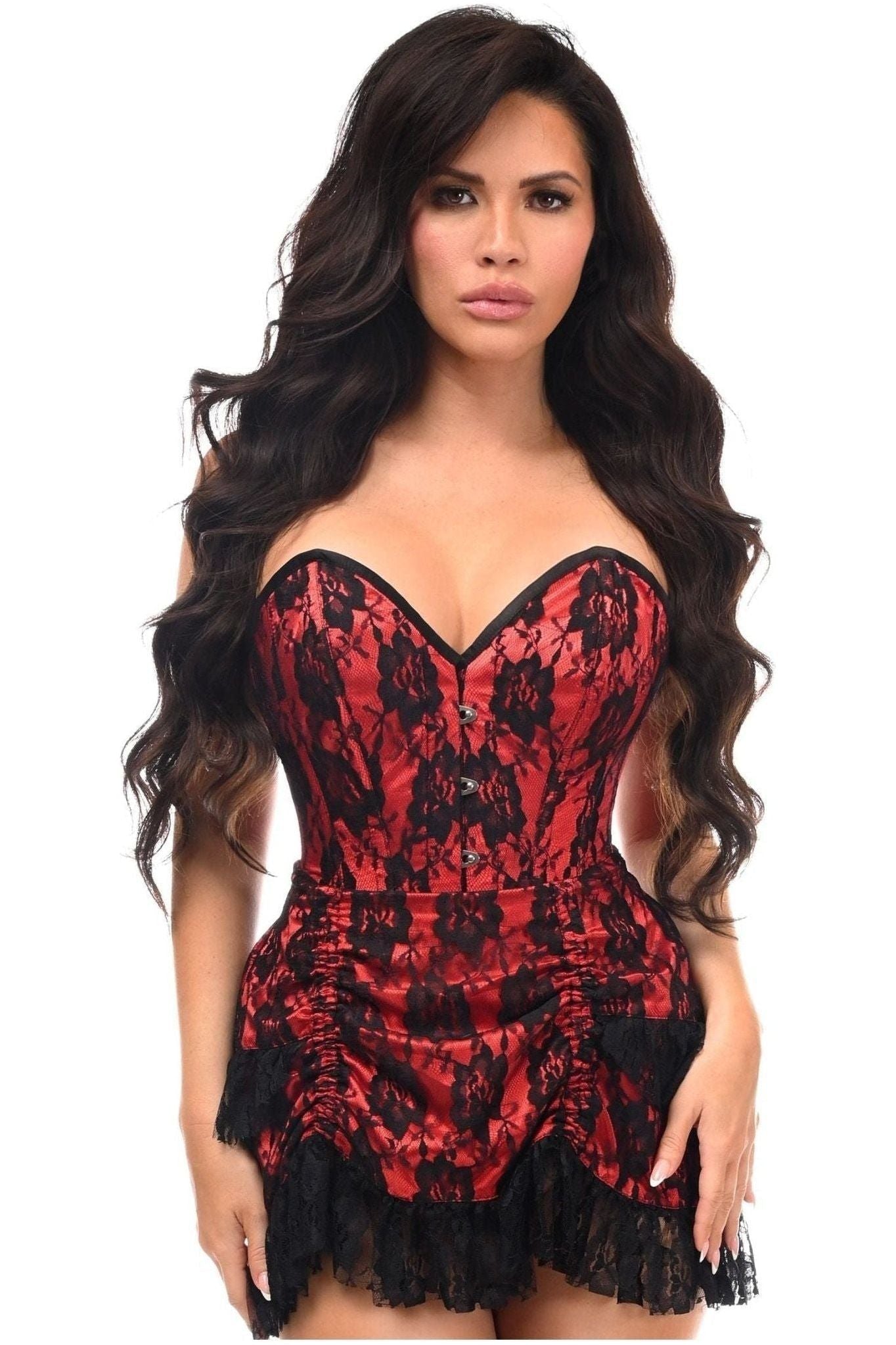 Top Drawer 2 PC Red Lace Steel Boned Corset & Skirt Set.