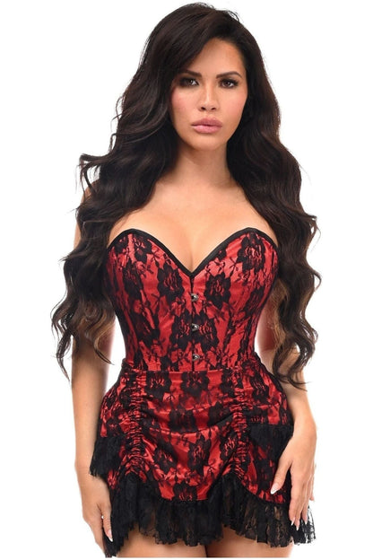 Top Drawer 2 PC Red Lace Steel Boned Corset & Skirt Set.