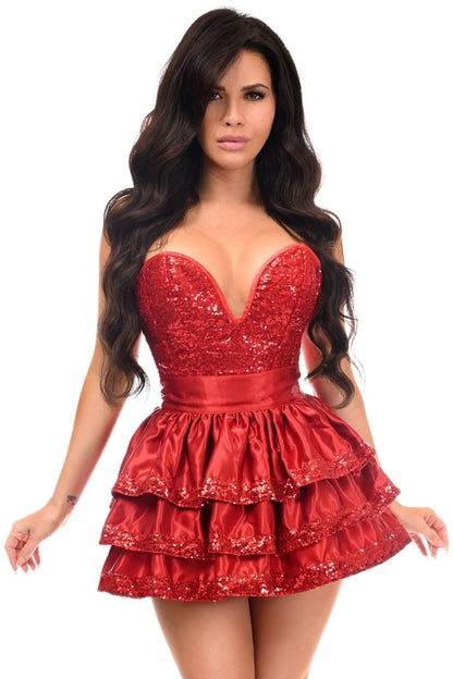 Top Drawer 2 PC Red Sequin Steel Boned Corset & Skirt Set