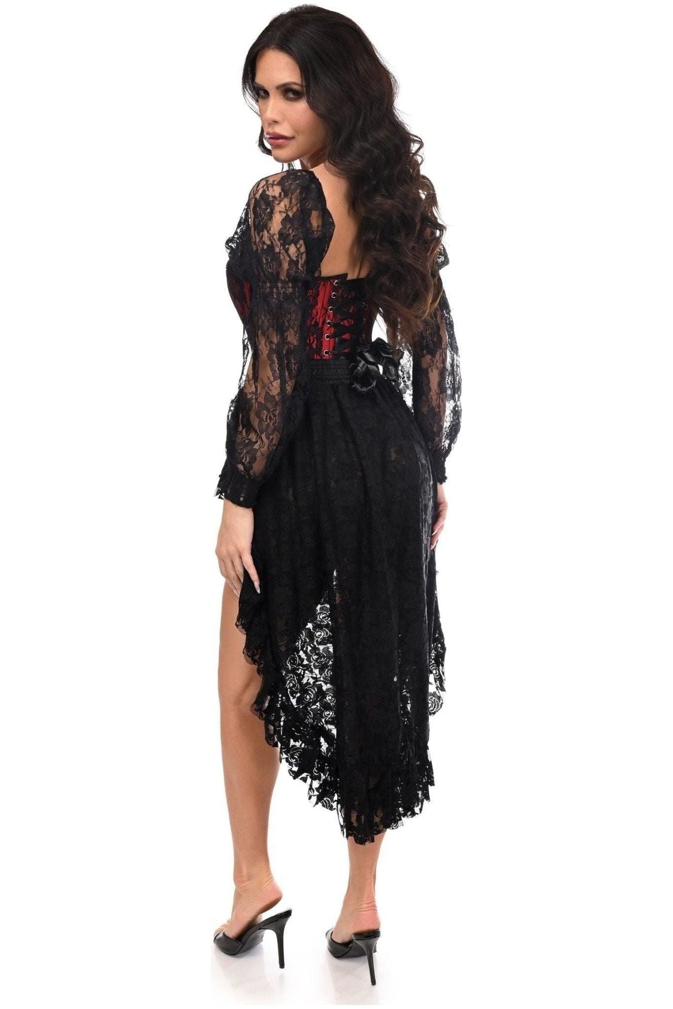 Top Drawer 2 PC Red/Black Lace Steel Boned Corset & Lace Skirt Set.