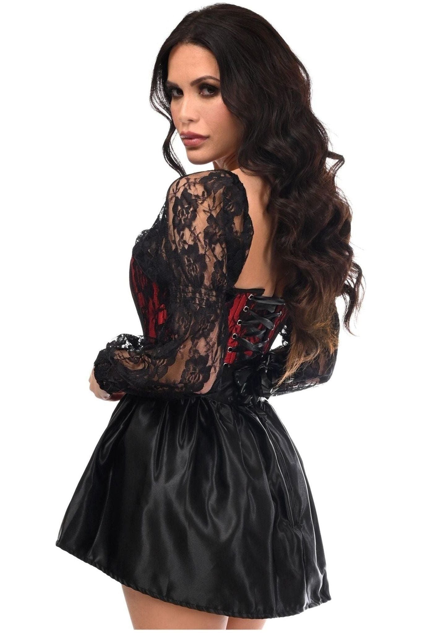 Top Drawer 2 PC Red/Black Lace Steel Boned Corset & Satin Skirt Set.