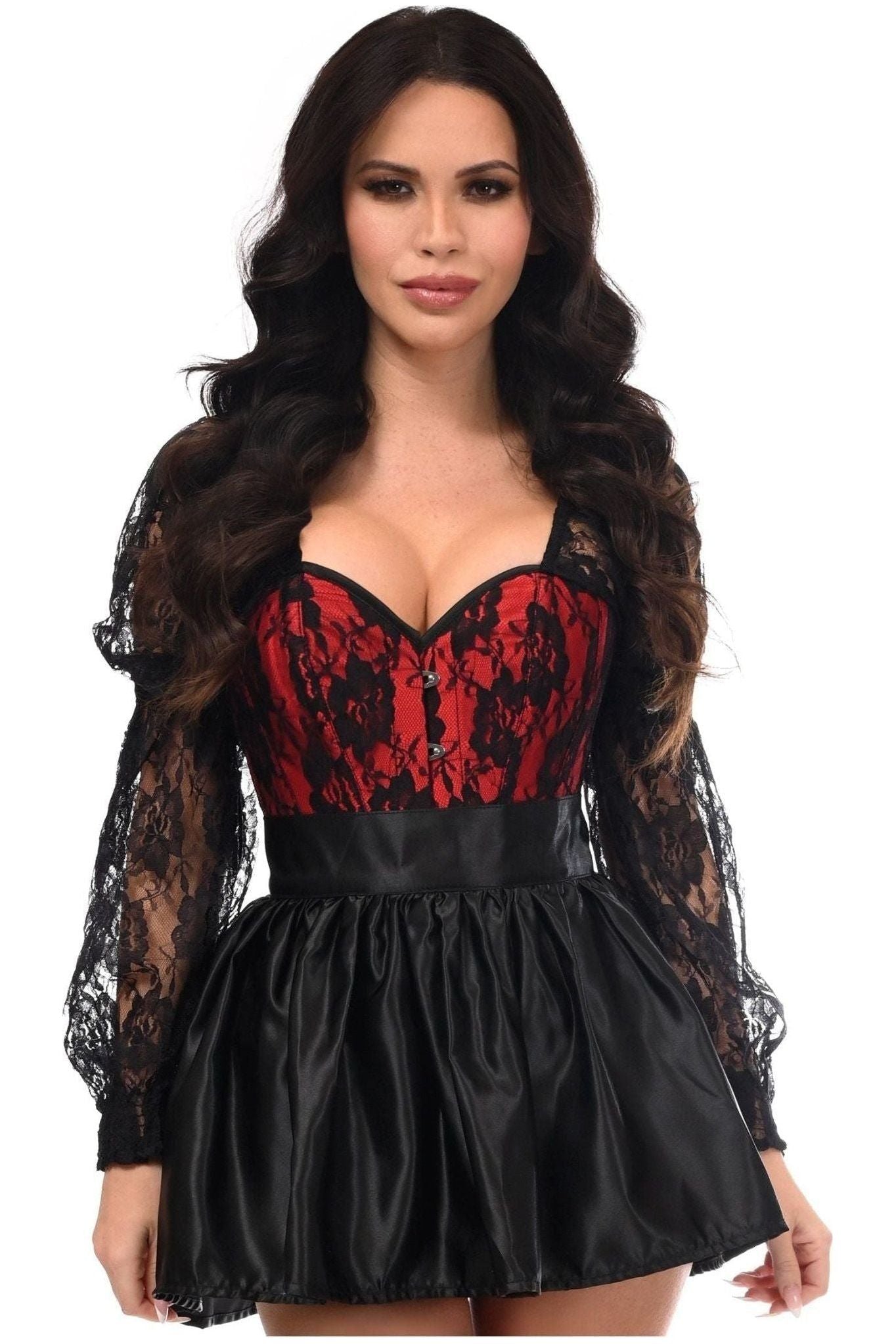 Top Drawer 2 PC Red/Black Lace Steel Boned Corset & Satin Skirt Set.