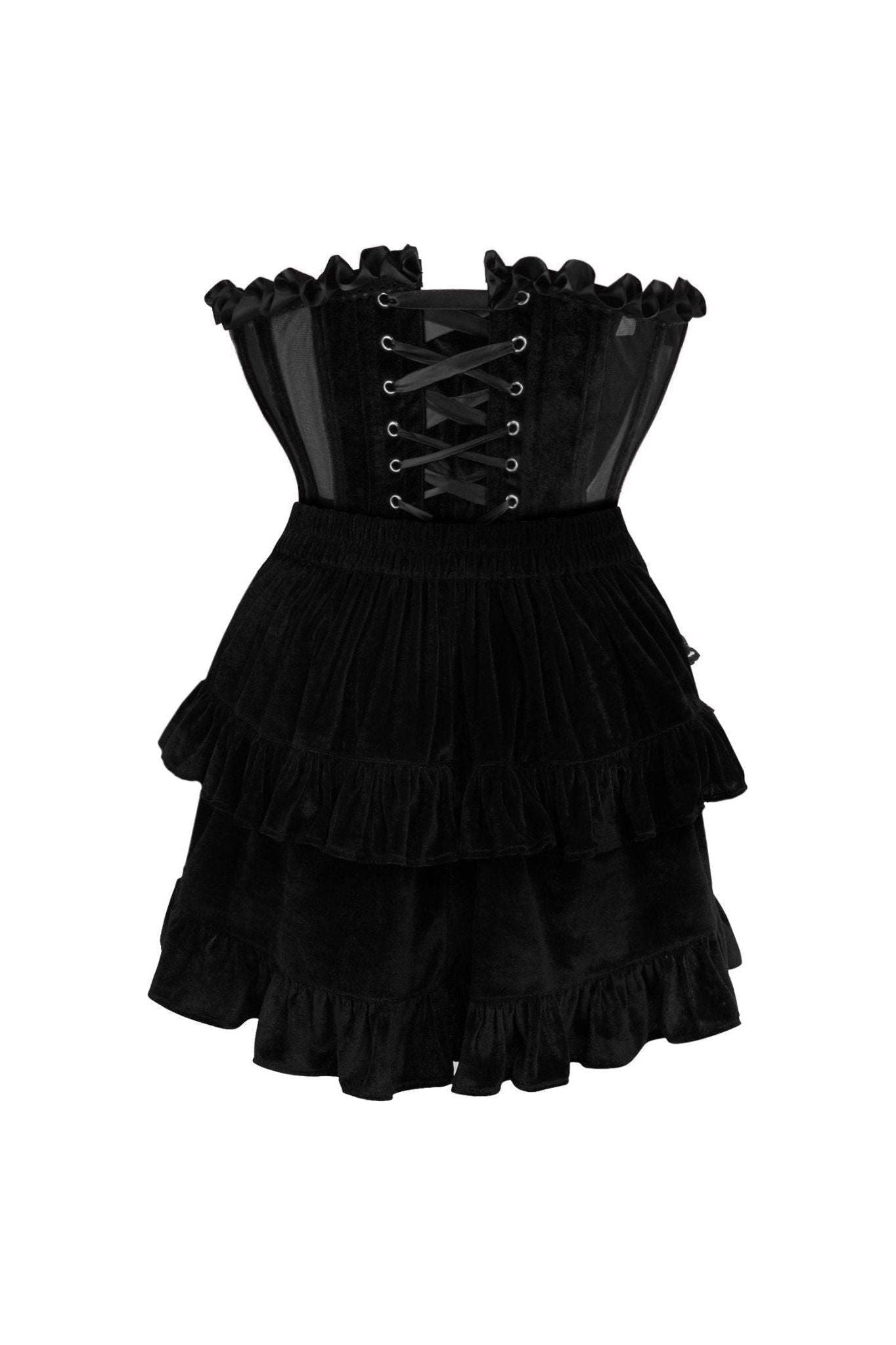 Top Drawer 2 PC Steel Boned Black Mesh & Velvet Underwire Bustier Corset & Skirt Set.