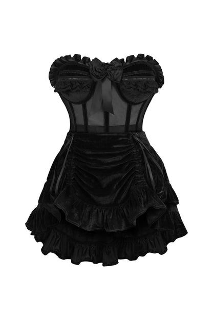Top Drawer 2 PC Steel Boned Black Mesh & Velvet Underwire Bustier Corset & Skirt Set.