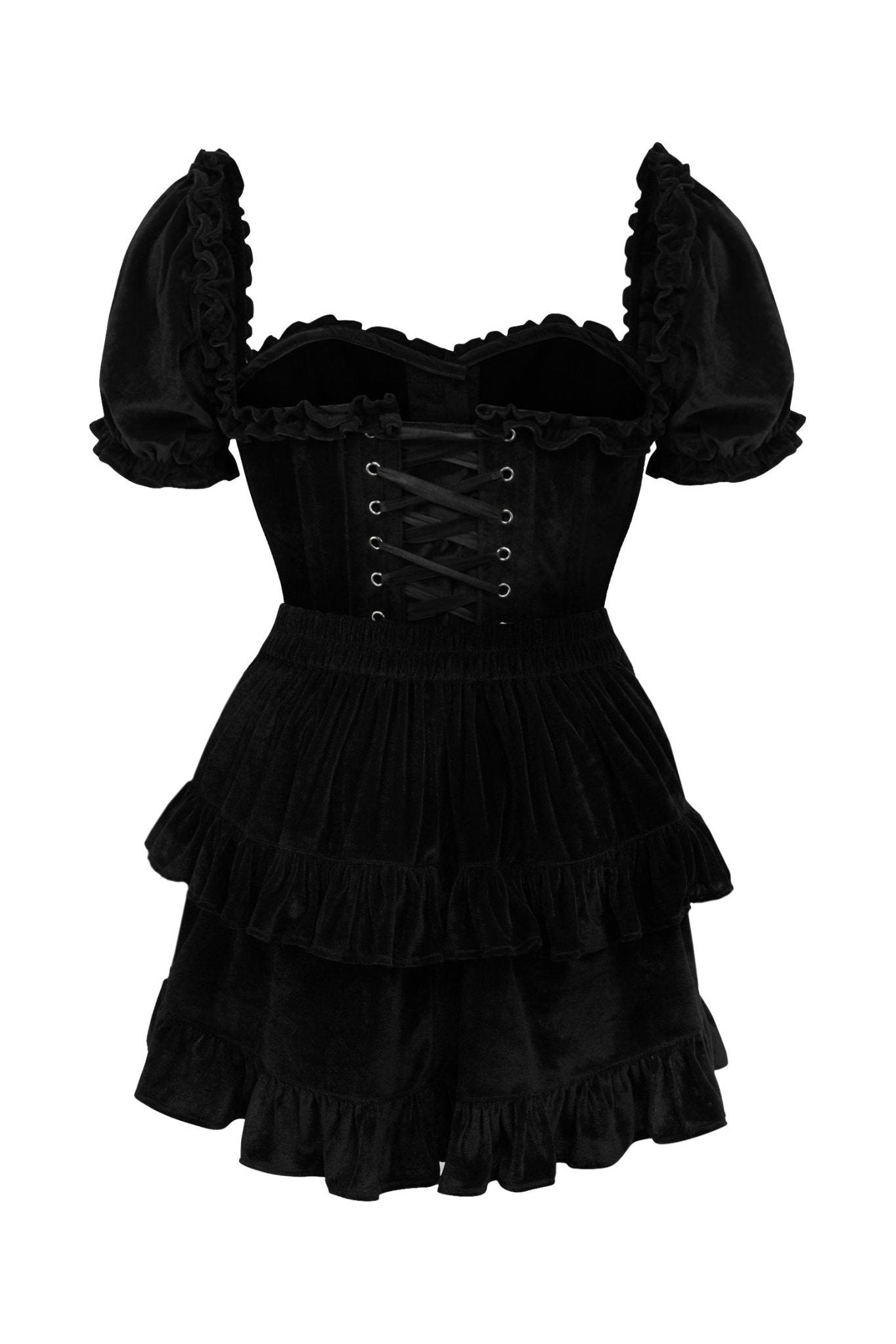Top Drawer 2 PC Steel Boned Black Velvet Overbust Corset w/Sleeves & Skirt Set.