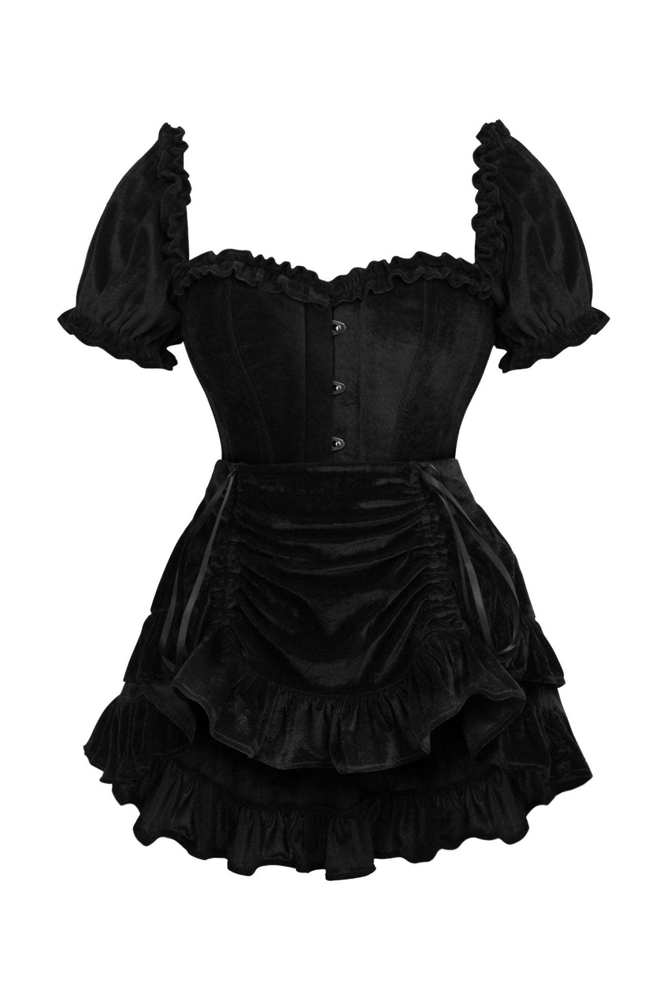 Top Drawer 2 PC Steel Boned Black Velvet Overbust Corset w/Sleeves & Skirt Set.