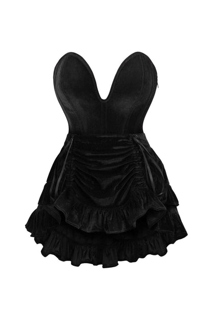 Top Drawer 2 PC Steel Boned Black Velvet Plunge Corset & Skirt Set.