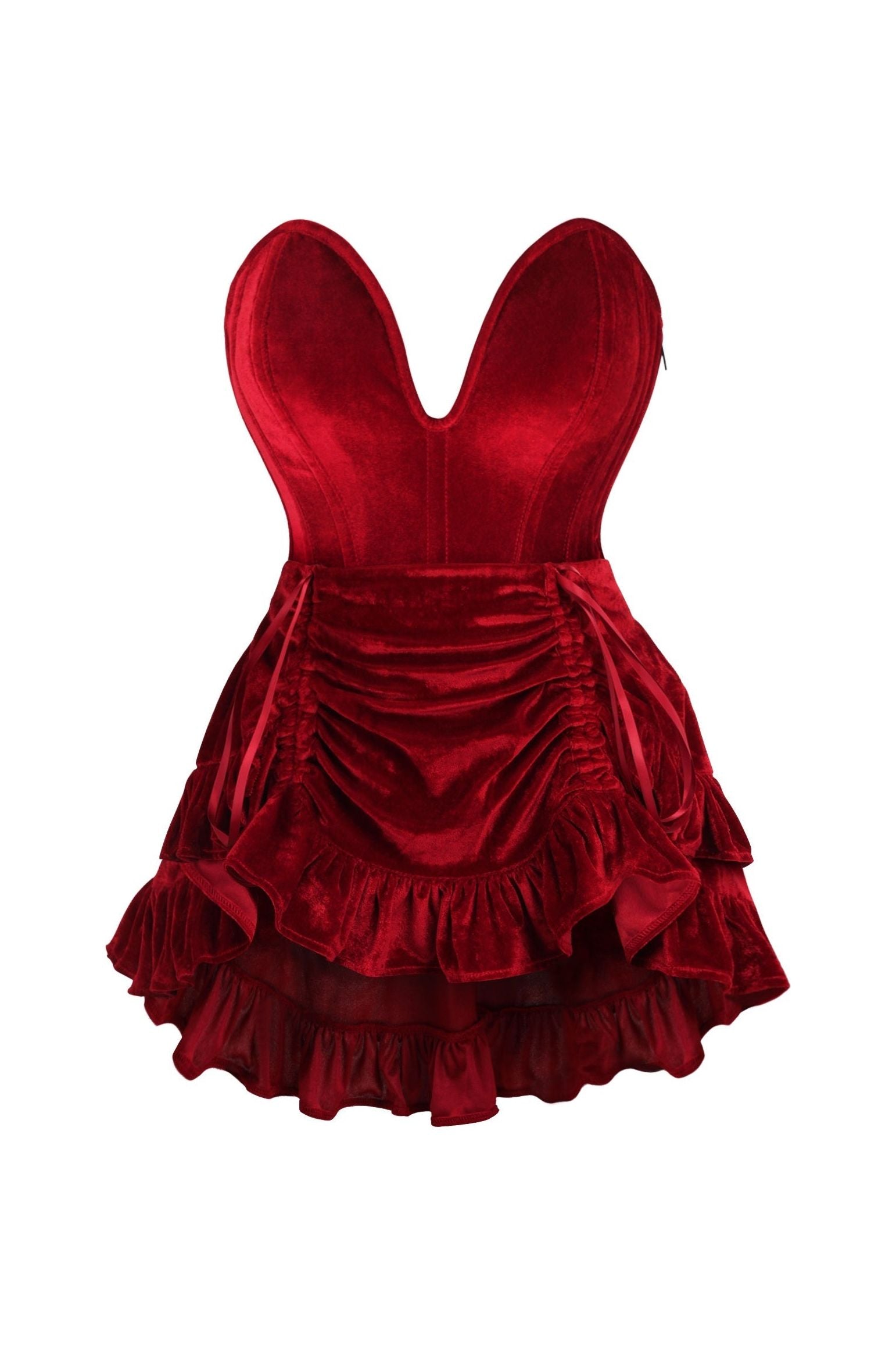 Top Drawer 2 PC Steel Boned Dark Red Velvet Plunge Corset & Skirt Set.