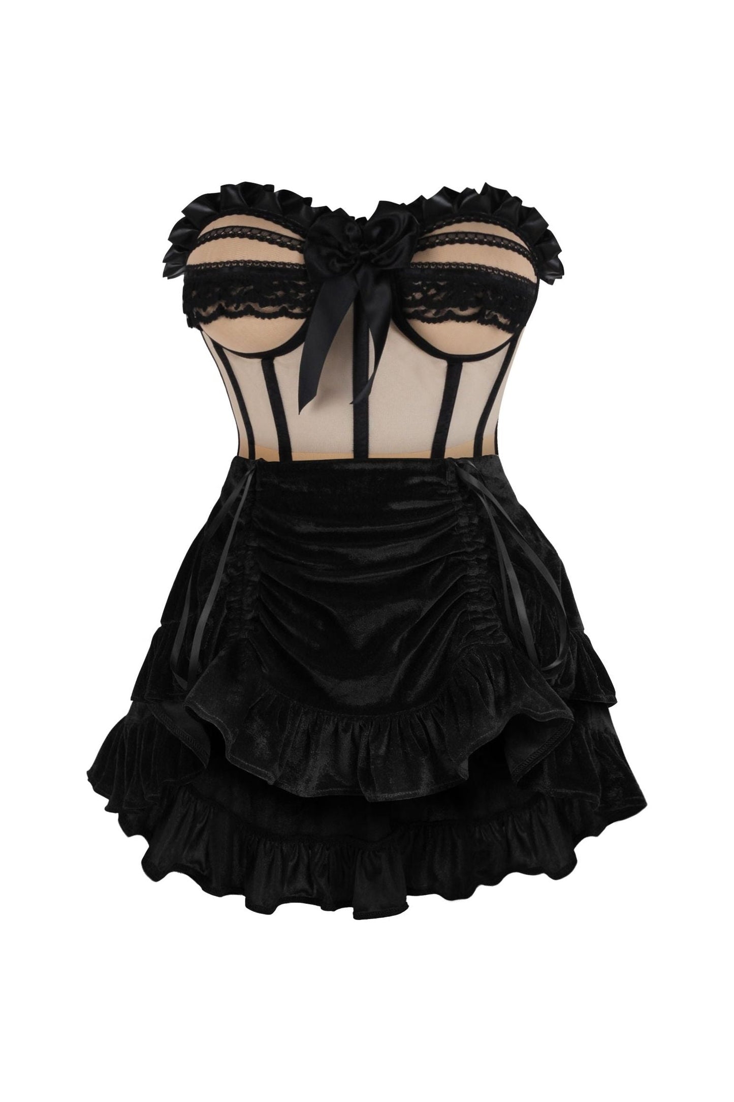 Top Drawer 2 PC Steel Boned Nude & Black Mesh Underwire Bustier Corset & Skirt Set.