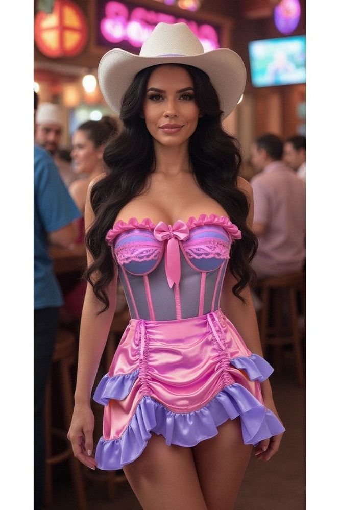 Top Drawer 2 PC Steel Boned Purple/Pink Mesh Underwire Bustier Corset & Skirt Set