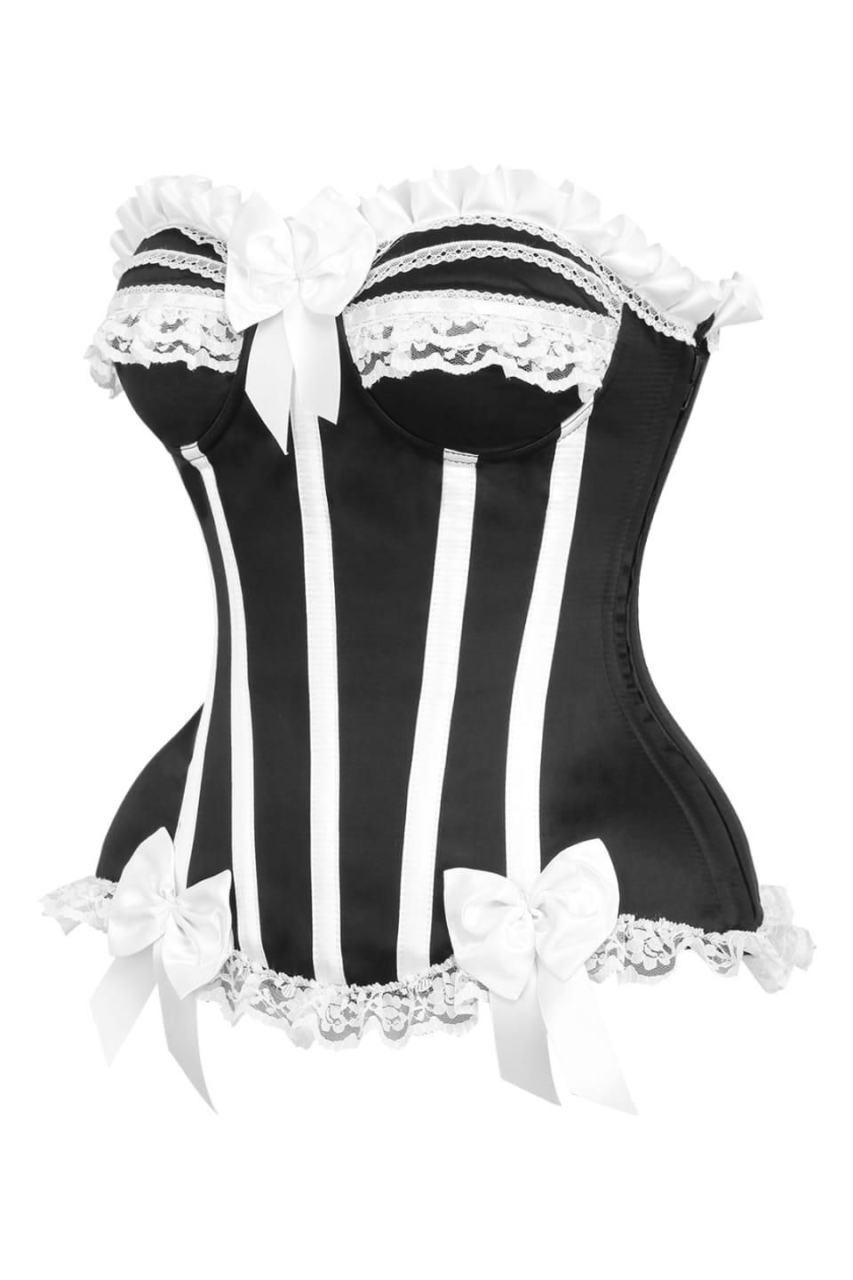 Top Drawer 2 PC White/Black Striped Burlesque Steel Boned Corset & Bloomer Set