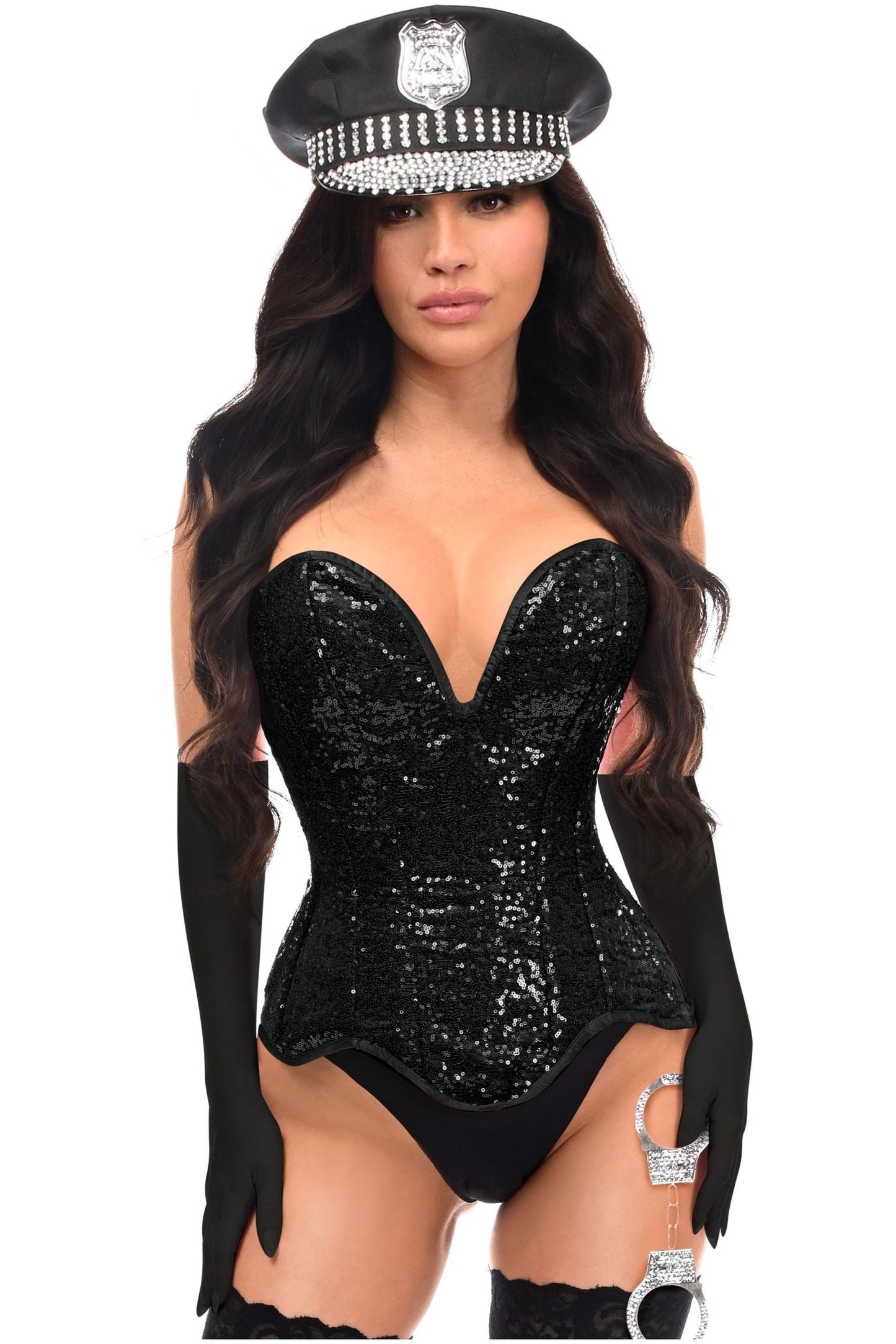 Top Drawer 4 PC Black Sequin Corset Cop Costume.