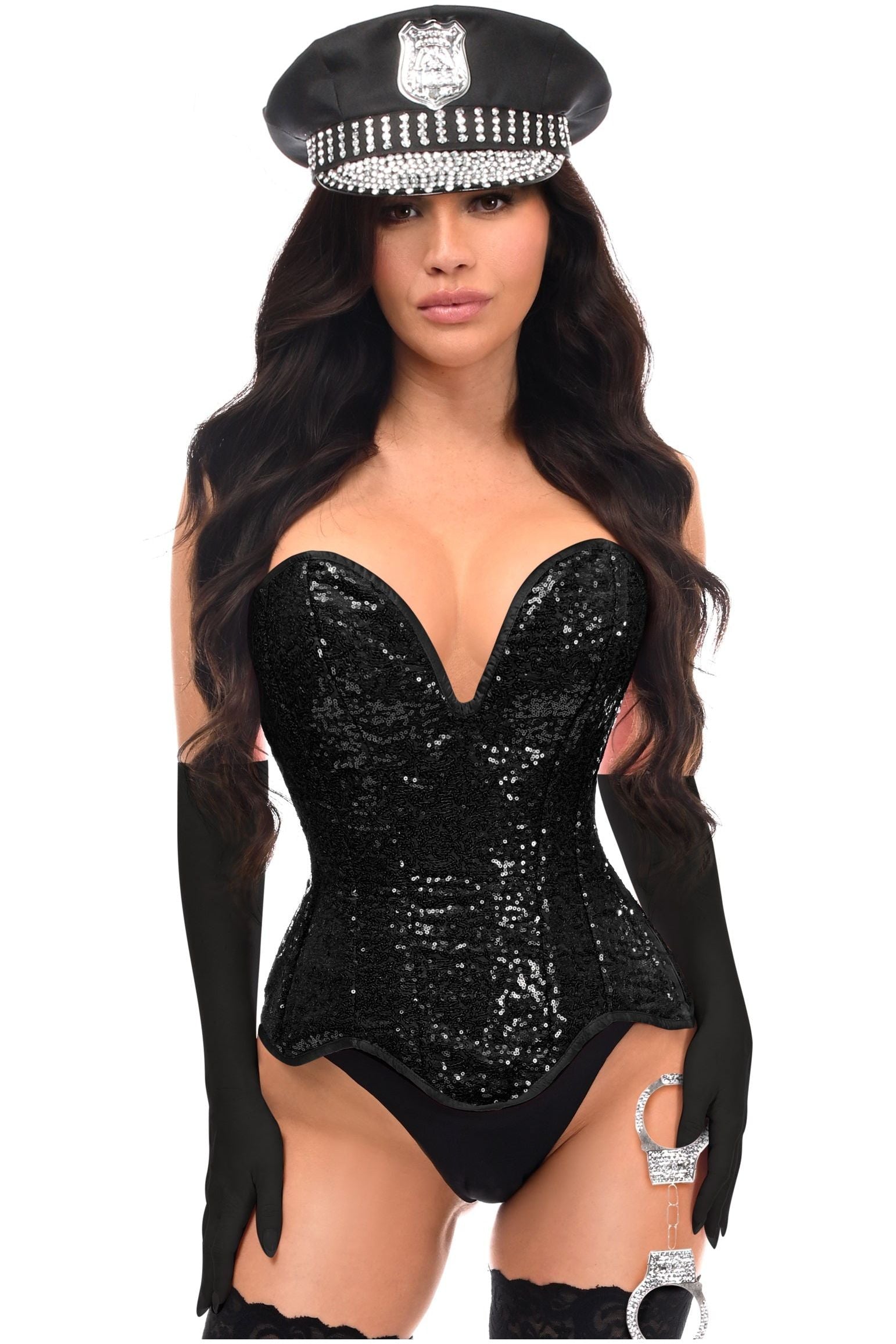 Top Drawer 4 PC Black Sequin Corset Cop Costume.