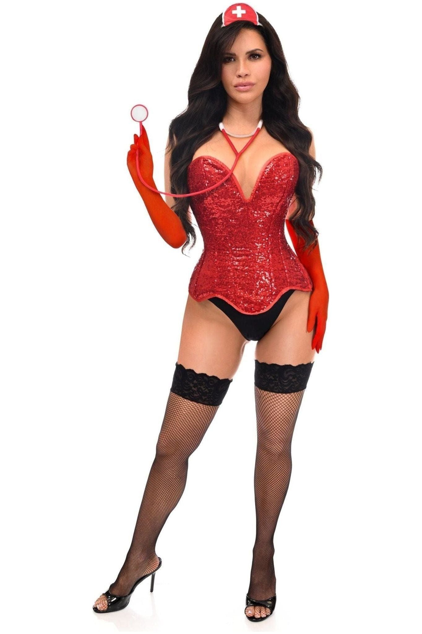 Top Drawer 4 PC Premium Sequin Nurse Corset Costume.