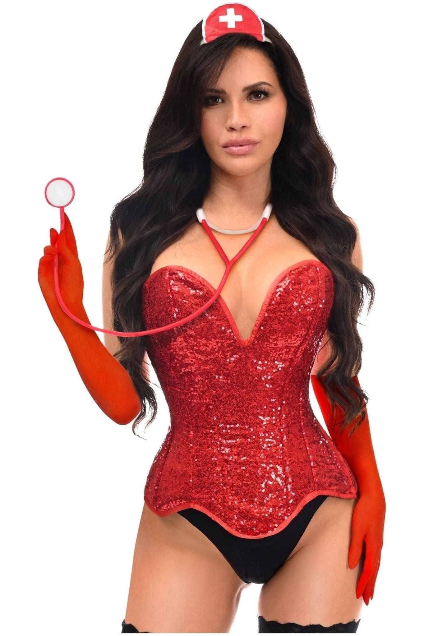 Top Drawer 4 PC Premium Sequin Nurse Corset Costume.