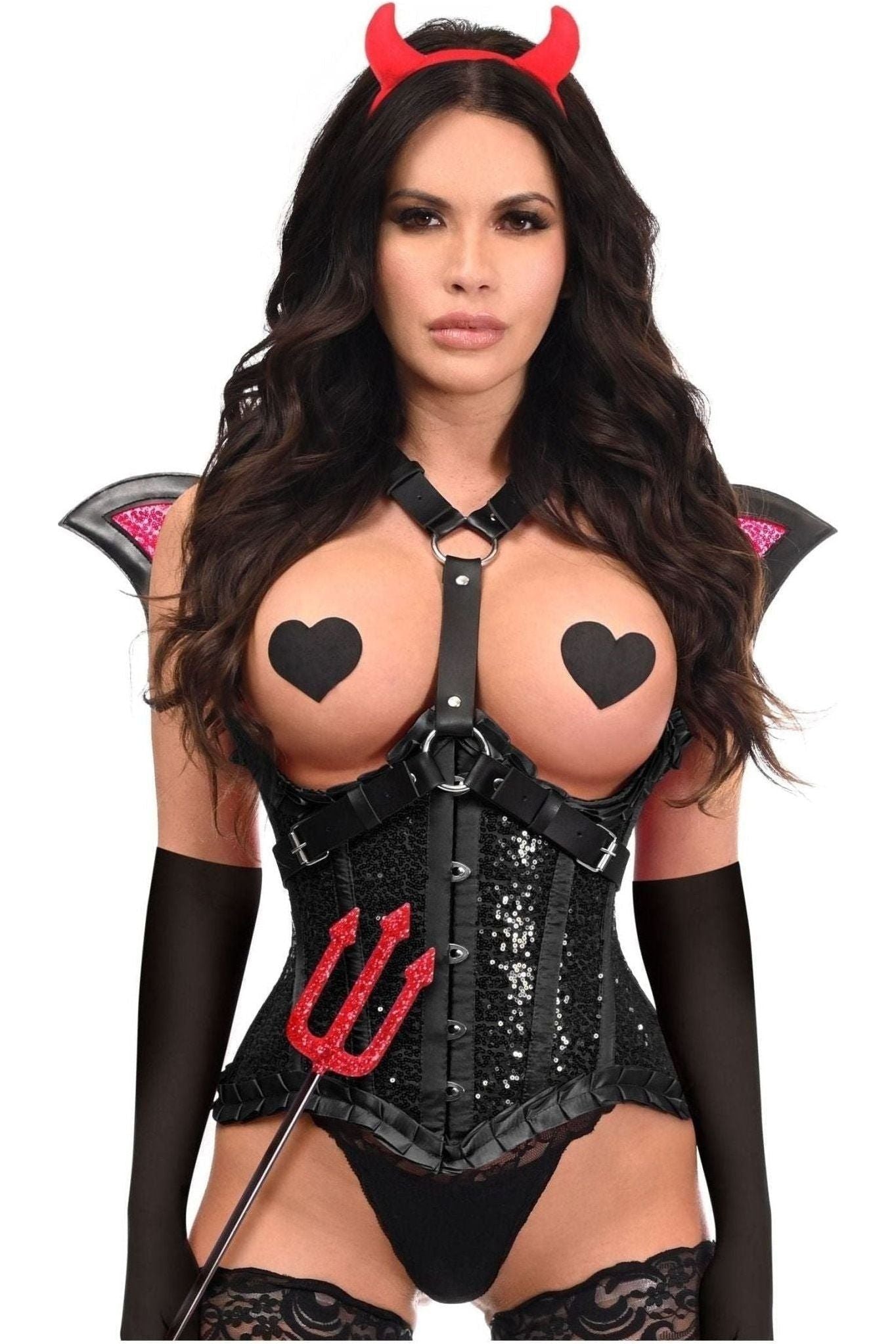 Top Drawer 5 PC Black Sequin Devil Harness Corset Costume.