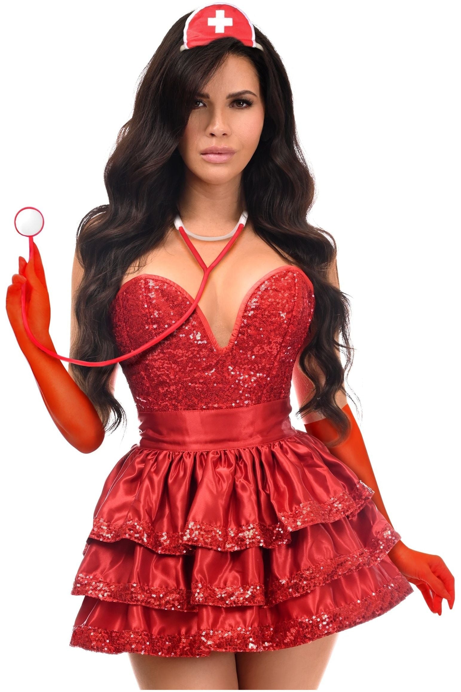 Top Drawer 5 PC Red Sequin Nurse Corset Costume.