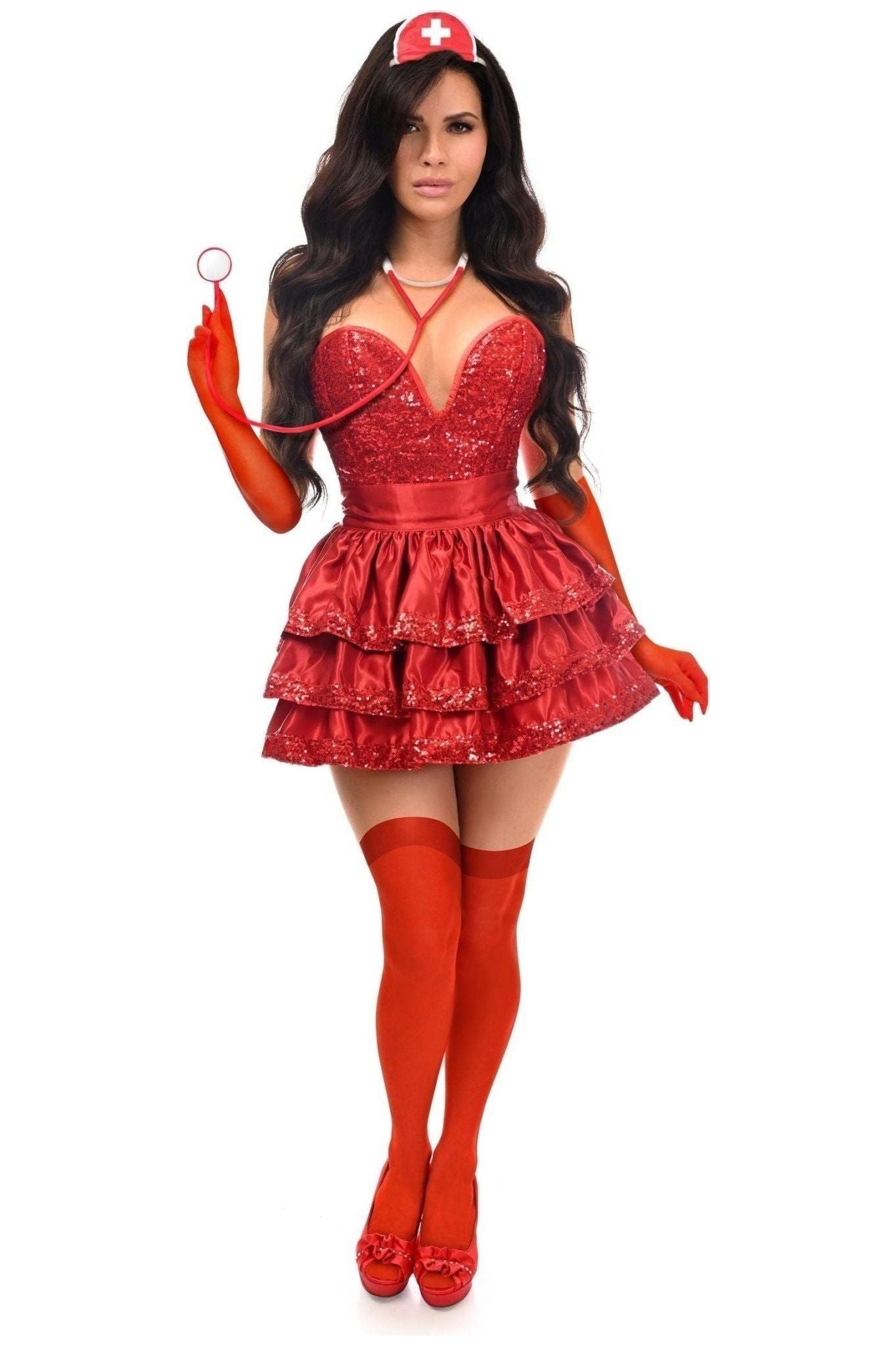 Top Drawer 5 PC Red Sequin Nurse Corset Costume.