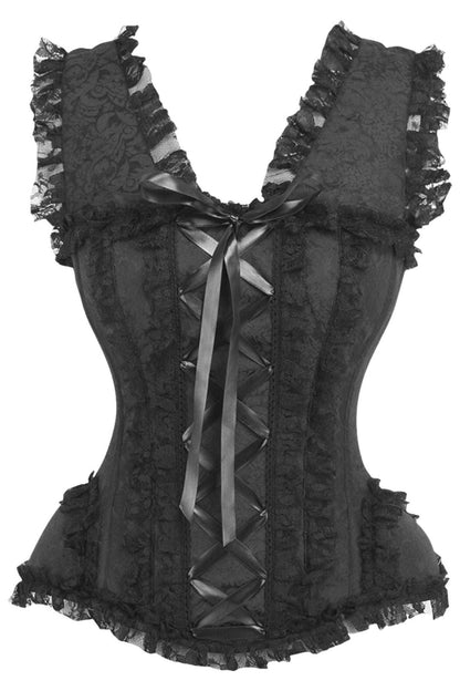 Top Drawer Black Brocade & Lace Steel Boned Corset w/Cap Sleeves.
