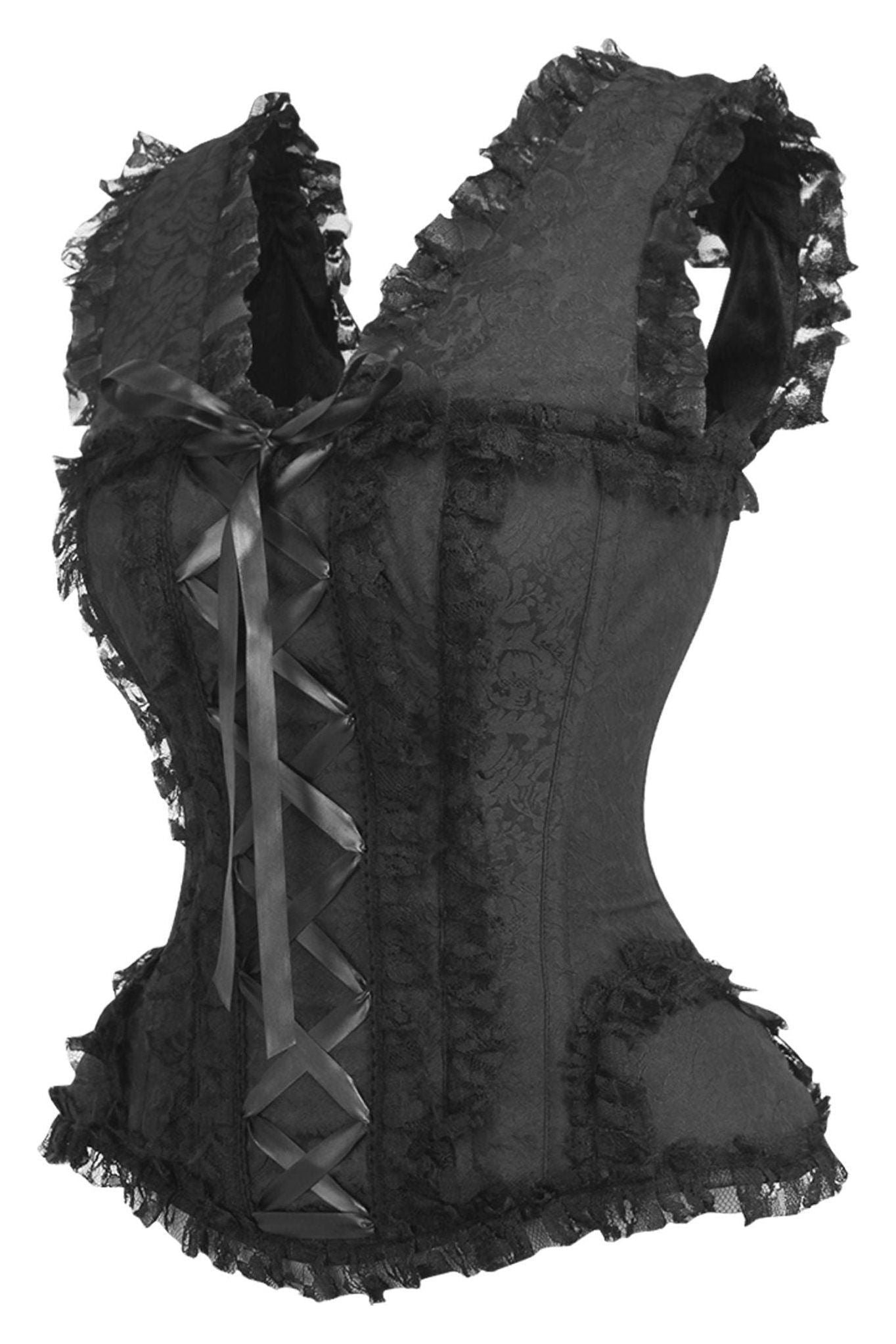 Top Drawer Black Brocade & Lace Steel Boned Corset w/Cap Sleeves.