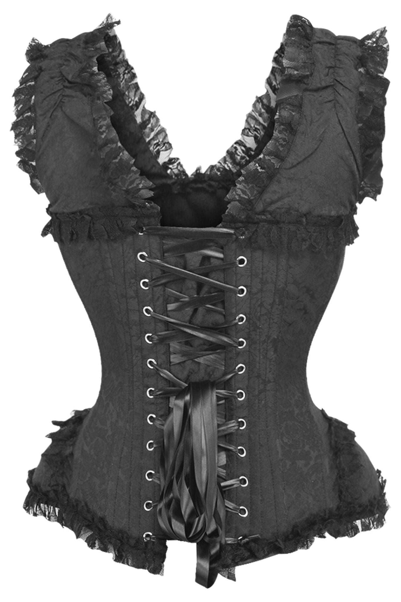 Top Drawer Black Brocade & Lace Steel Boned Corset w/Cap Sleeves.