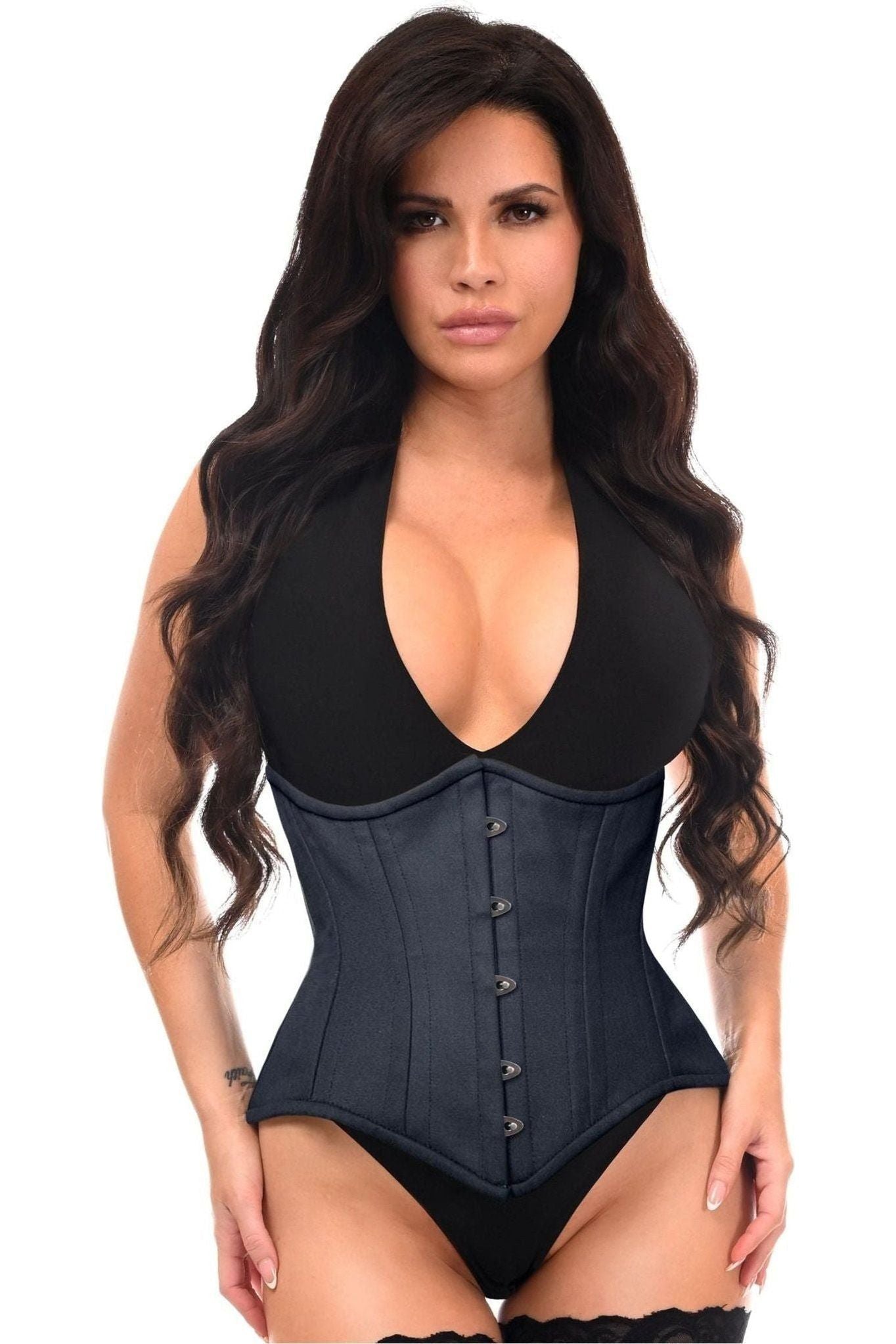 Top Drawer Black Cotton Double Steel Boned Waist Training Corset Cincher.