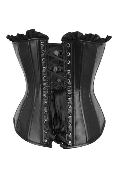 Top Drawer Black Faux Leather & Black Lace Trim Lace-Up Steel Boned Corset.
