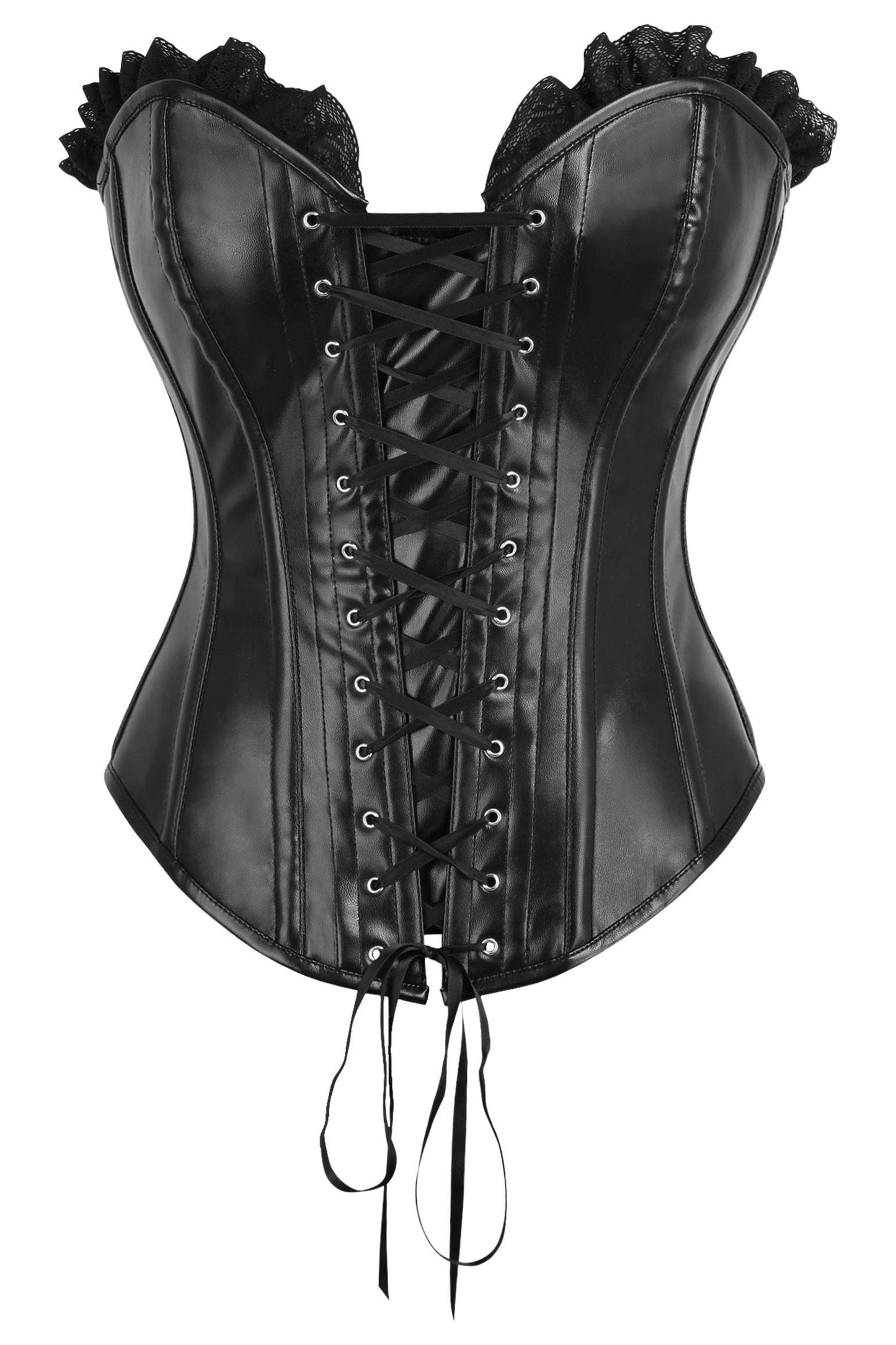 Top Drawer Black Faux Leather & Black Lace Trim Lace-Up Steel Boned Corset.