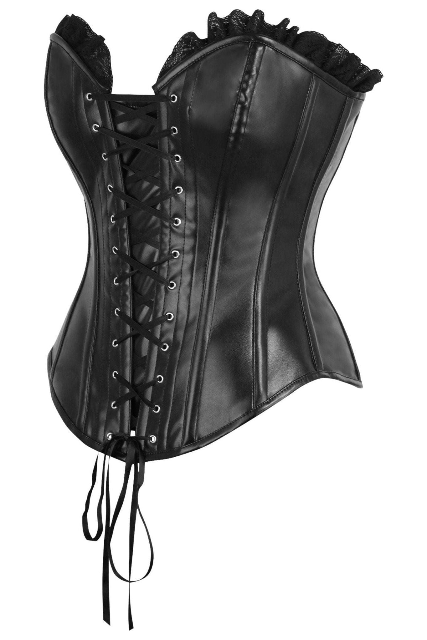 Top Drawer Black Faux Leather & Black Lace Trim Lace-Up Steel Boned Corset.