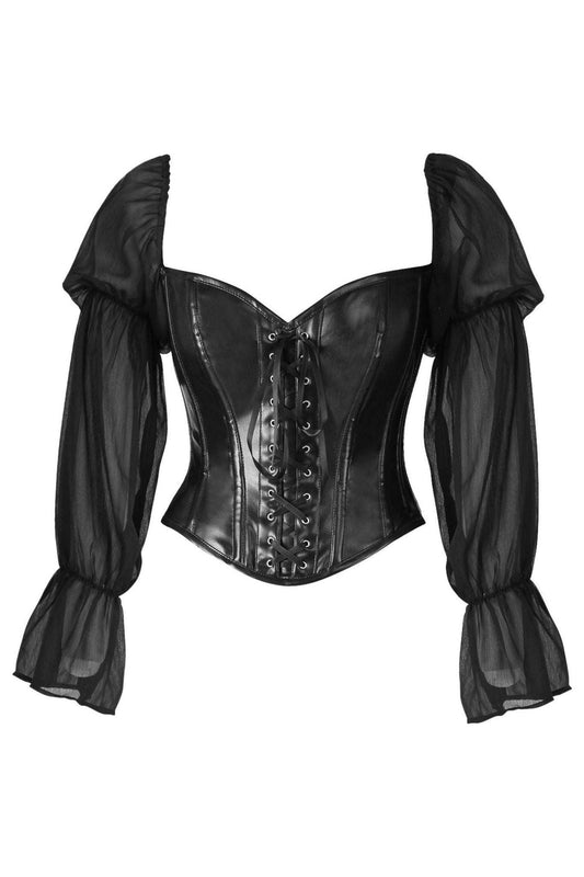 Top Drawer Black Faux Leather Steel Boned Corset w/Sleeves.