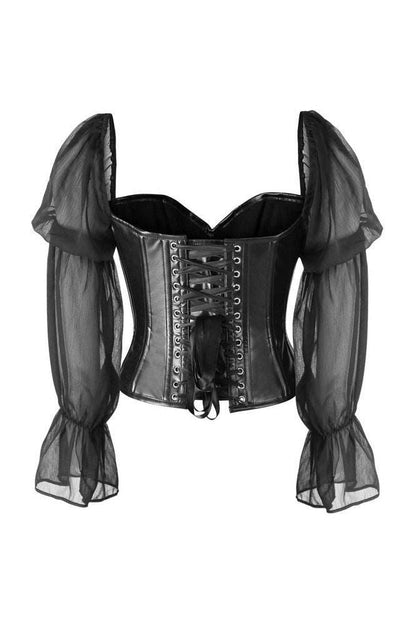 Top Drawer Black Faux Leather Steel Boned Corset w/Sleeves