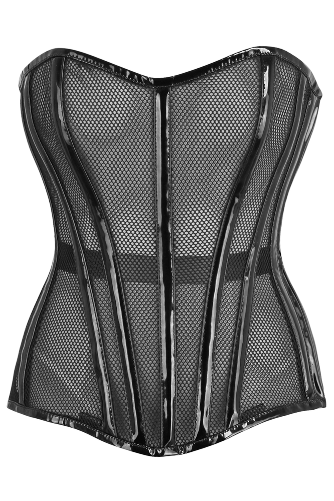 Top Drawer Black Fishnet w/Patent Steel Boned Overbust Corset