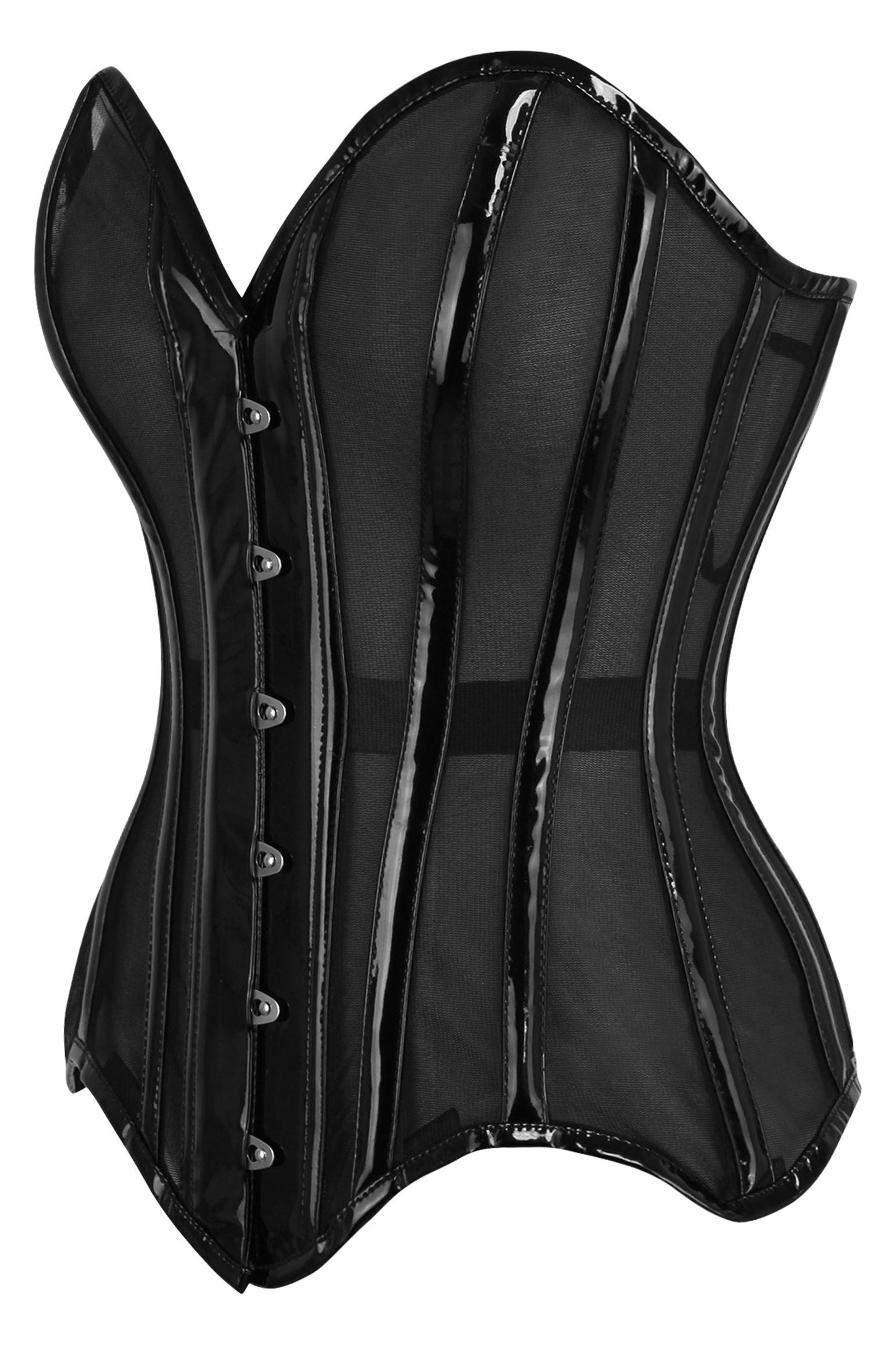 Top Drawer Black Mesh Net w/Patent Steel Boned Overbust Corset.