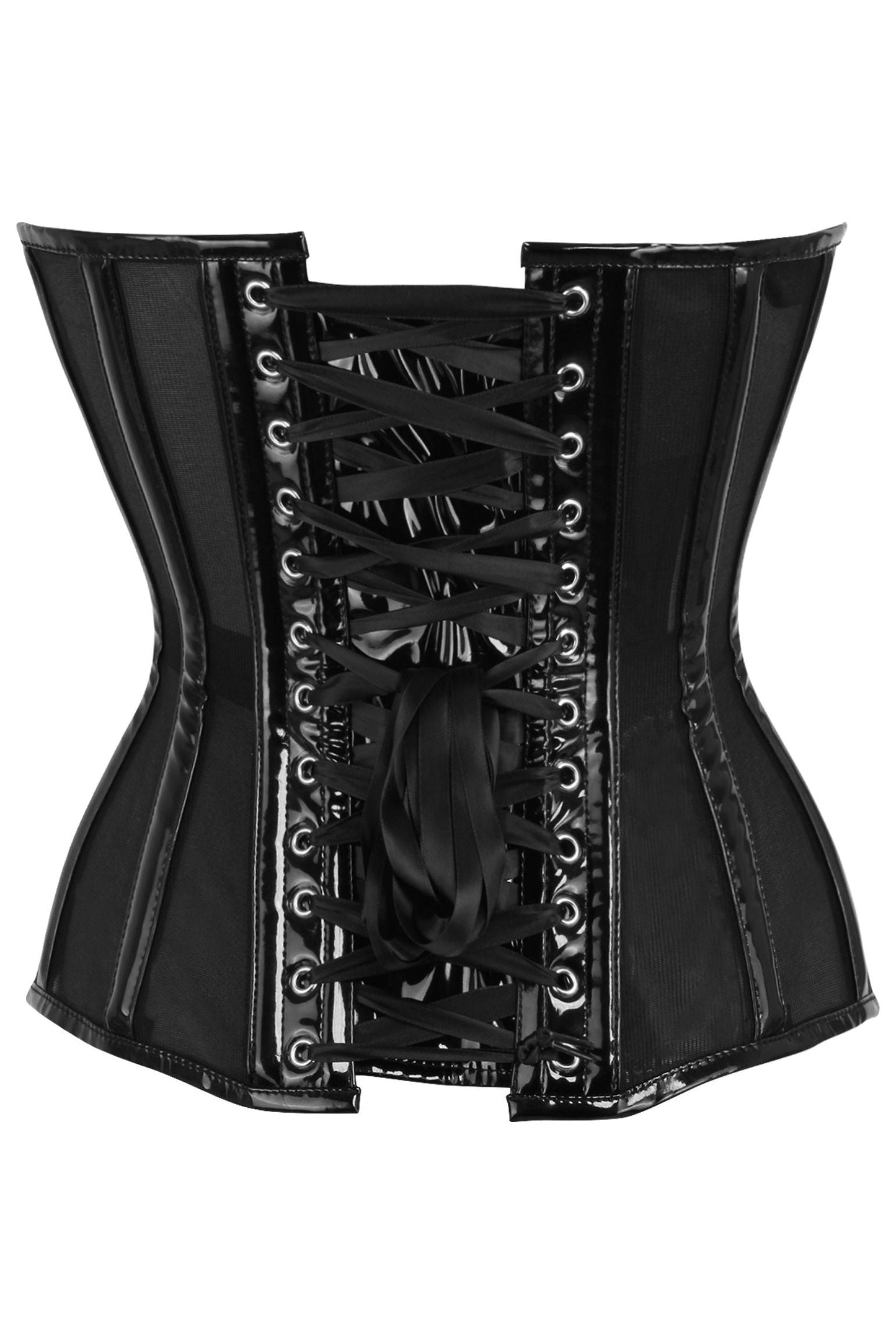Top Drawer Black Mesh Net w/Patent Steel Boned Overbust Corset.